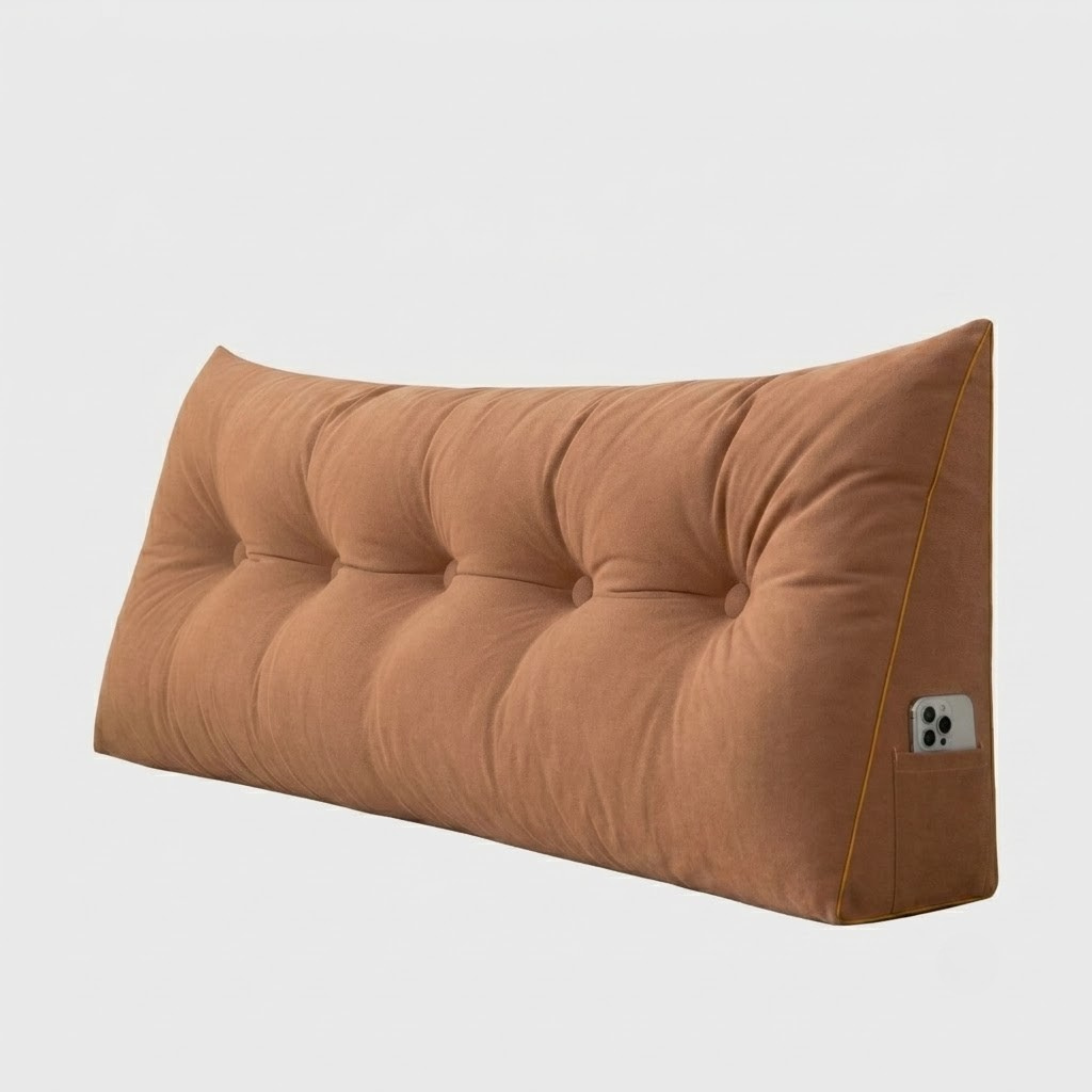 A long, wedge-shaped tufted lumbar pillow in a warm camel brown velvet fabric, shown on a light gray background.