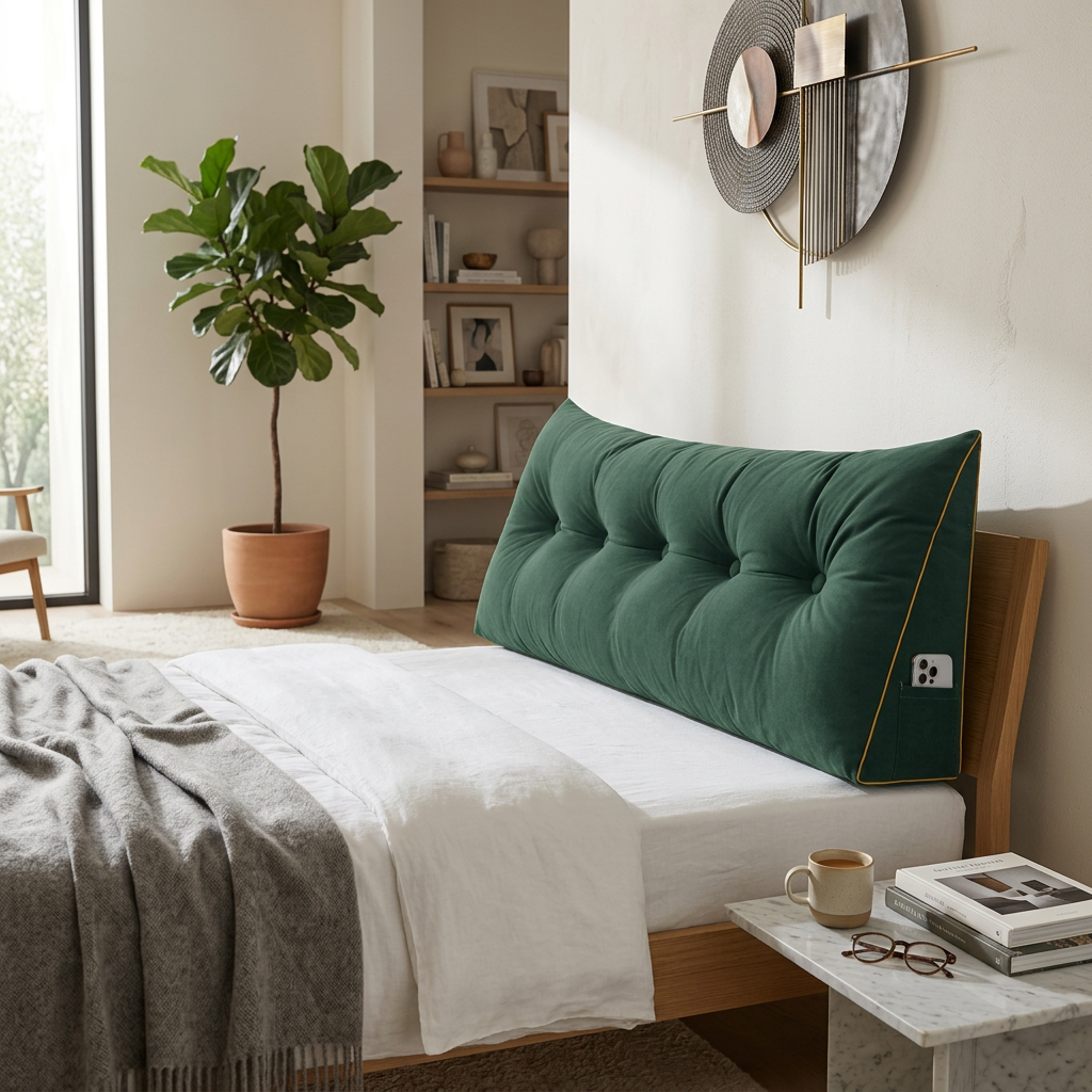 A green tufted wedge headboard with gold piping on a wooden bed frame, styled in a bright, modern bedroom with a gray throw blanket, marble side table, and a potted fiddle-leaf fig plant.
