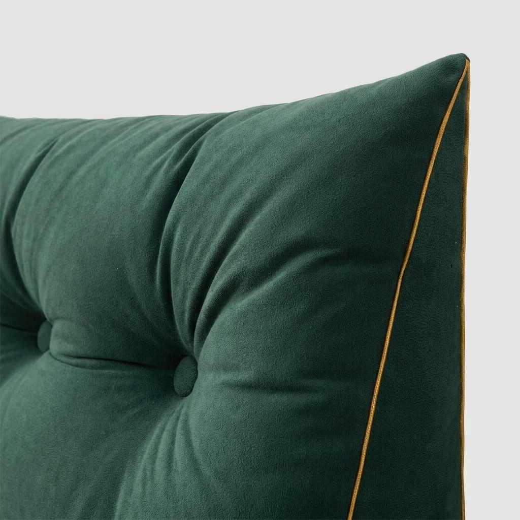 Close-up of a dark green tufted velvet cushion with gold contrast piping, showing the fabric texture and button tufting against a light gray background.