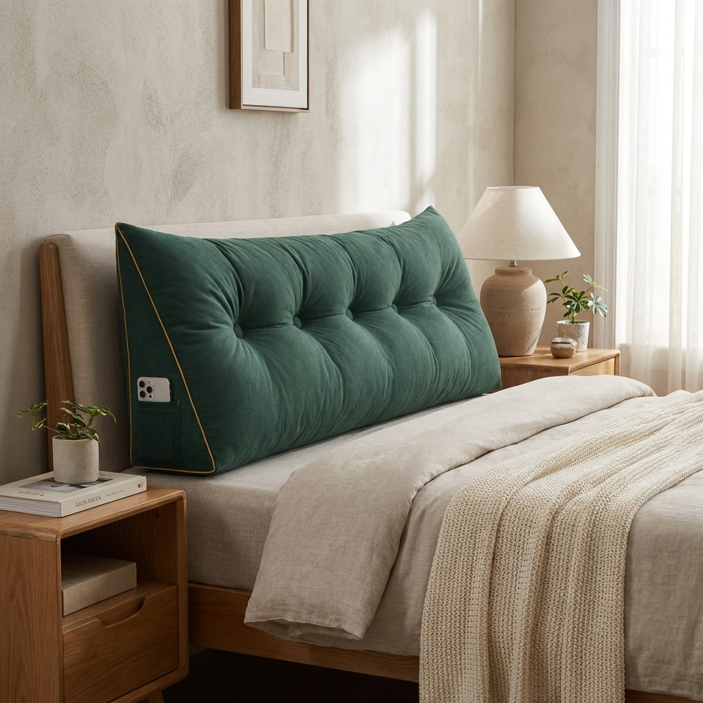 A green tufted wedge-shaped lumbar pillow with gold piping rests against a beige upholstered headboard on a bed with neutral bedding in a softly lit bedroom.