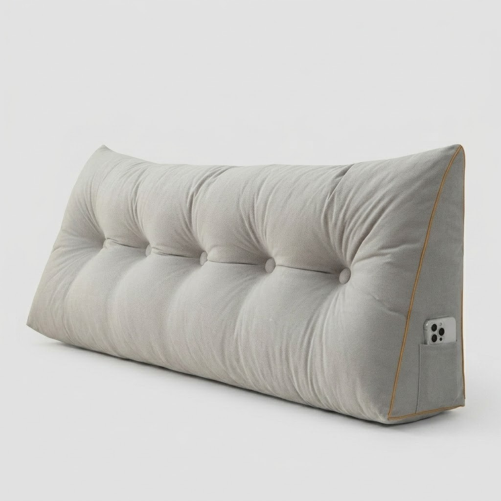 A light gray tufted wedge lumbar pillow with a side pocket holding a smartphone, shown on a clean light gray background.