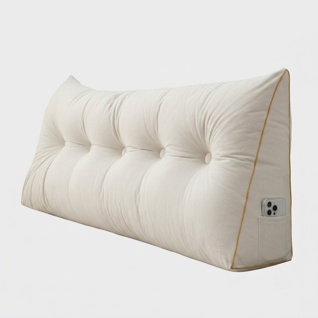 An off-white triangular wedge pillow with tufted button details and a side pocket holding a smartphone, shown on a light gray background.