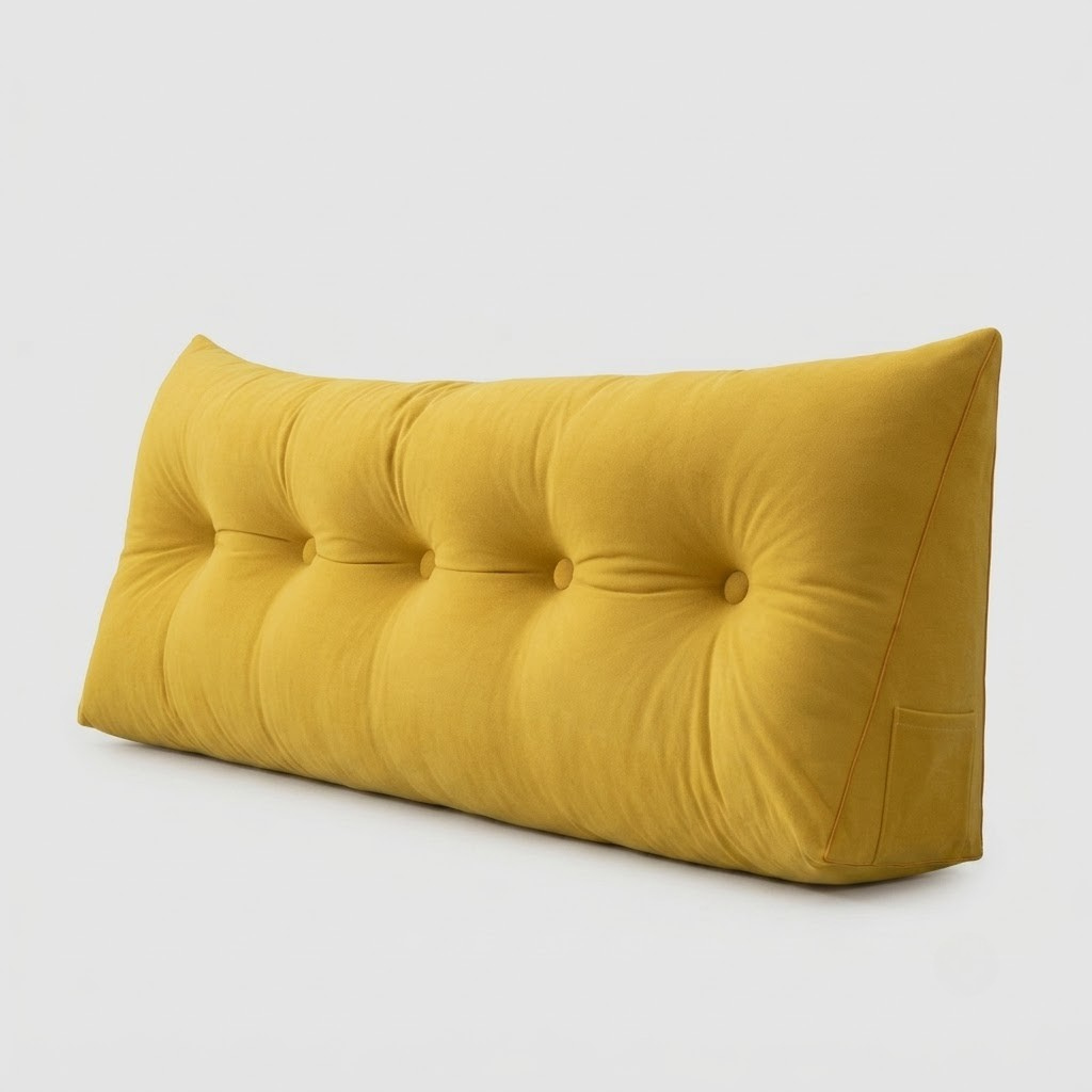 A mustard yellow tufted lumbar pillow with a wedge backrest, shown on a light gray background.