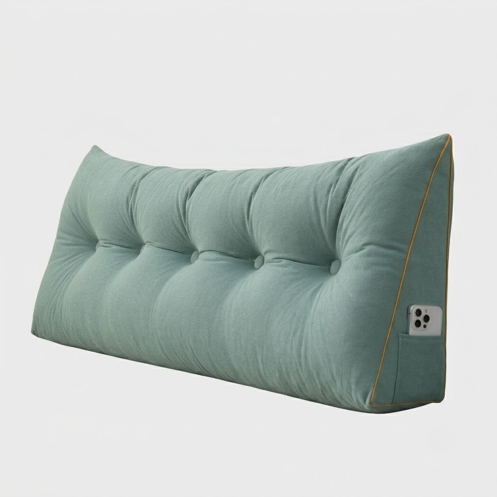 A mint green tufted wedge floor cushion with a built-in charging port on the side, shown on a light gray background.