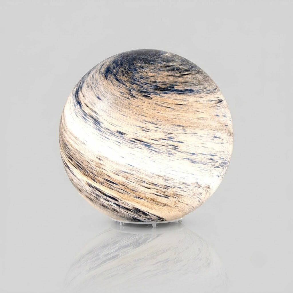 A spherical decorative lamp or sculpture with a marbled swirl pattern in cream, beige, brown, and dark charcoal, shown on a small clear stand against a light gray background.