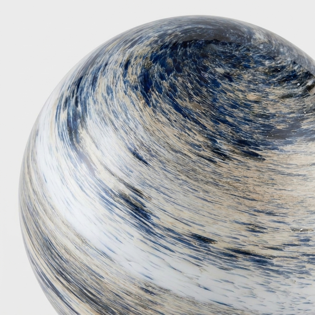 A close-up of a decorative glass orb with a marbled swirl pattern in navy blue, cream, and white, set against a plain light gray background.