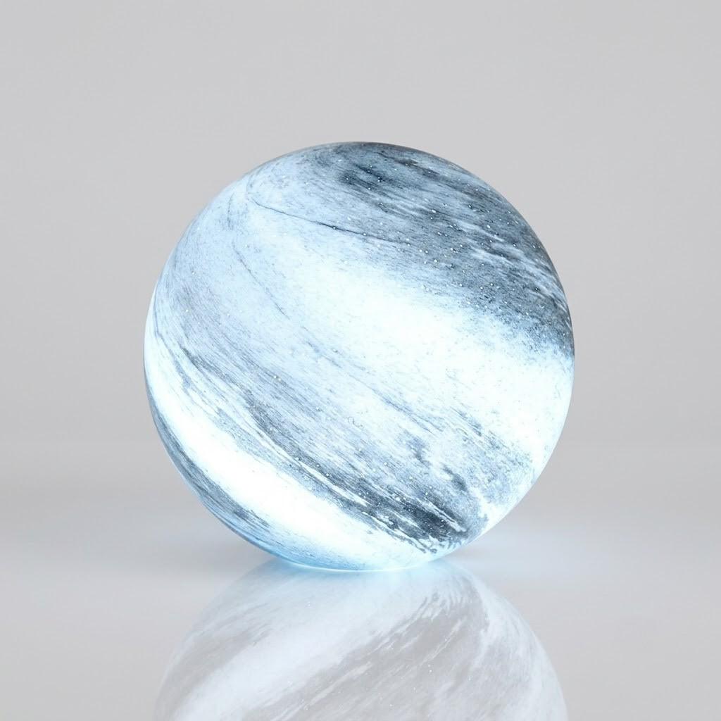 A spherical glass or acrylic decorative object with a marbled icy blue and white pattern, shown on a light gray background with a soft reflection below.