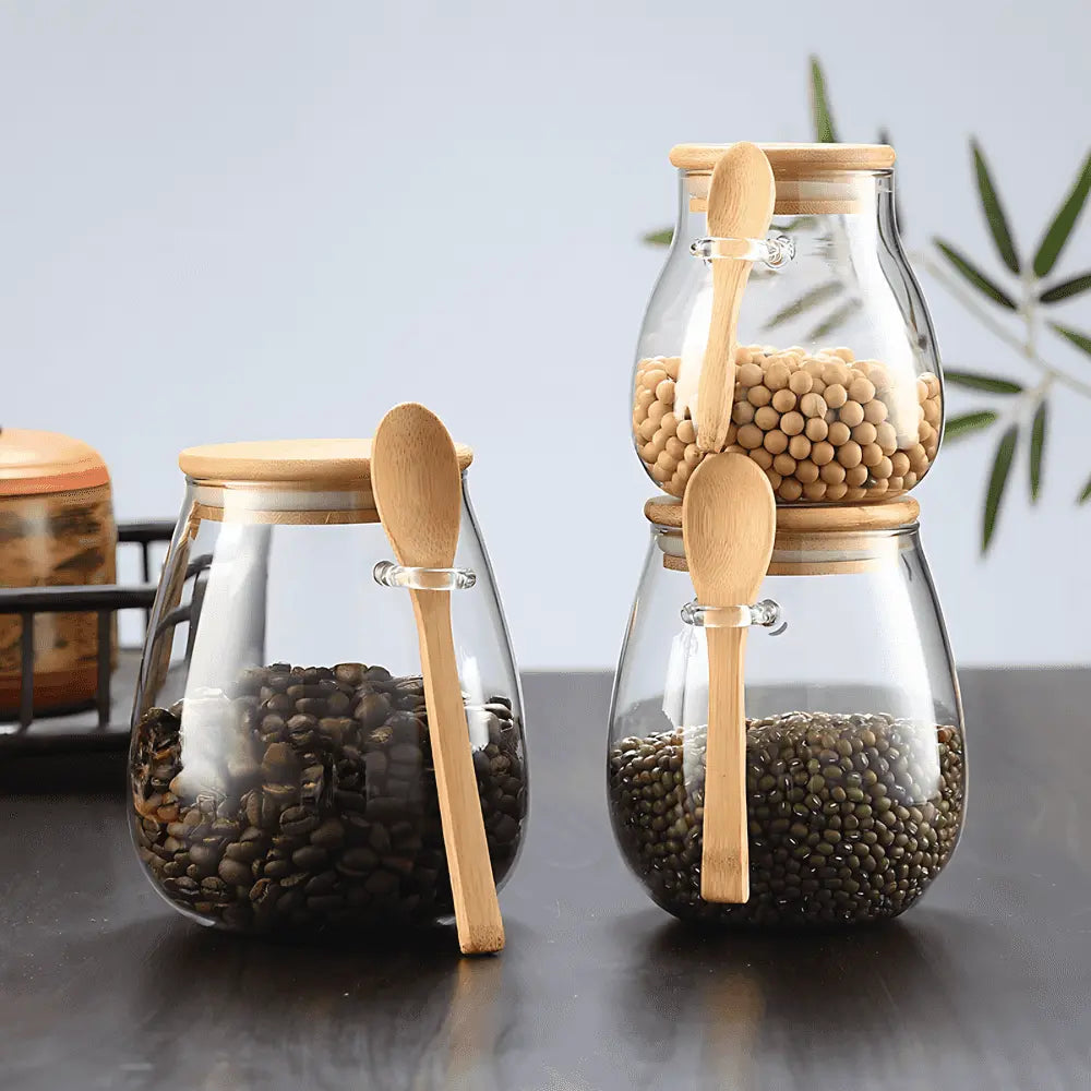 Glass Storage Jar with Bamboo Lid, Airtight Kitchen Canister 0