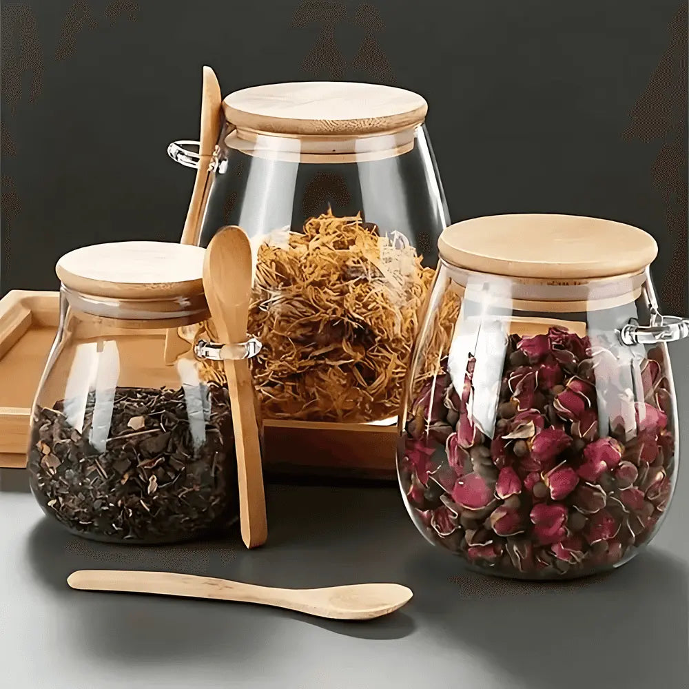 Glass Storage Jar with Bamboo Lid, Airtight Kitchen Canister 1