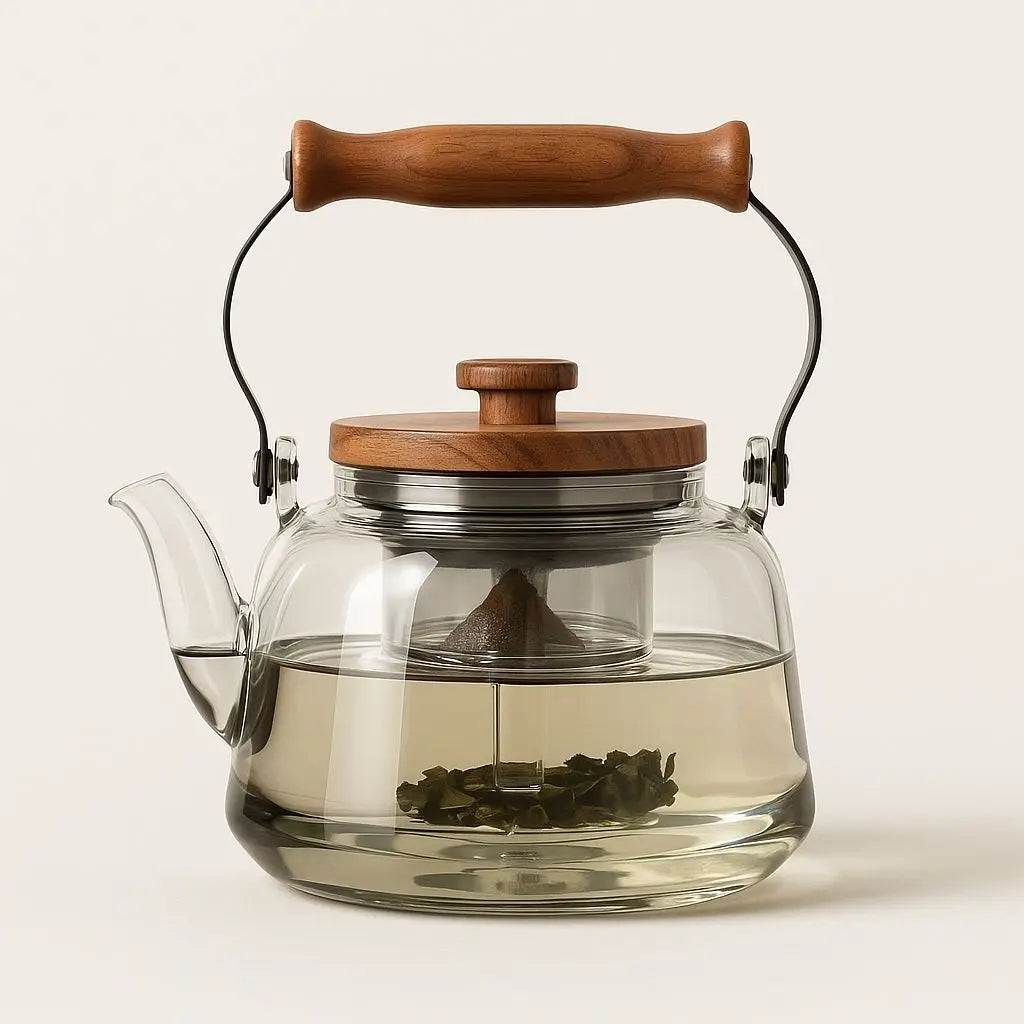 Glass Teapot with Infuser and Wooden Handle, Heat-Resistant 1000ml 0