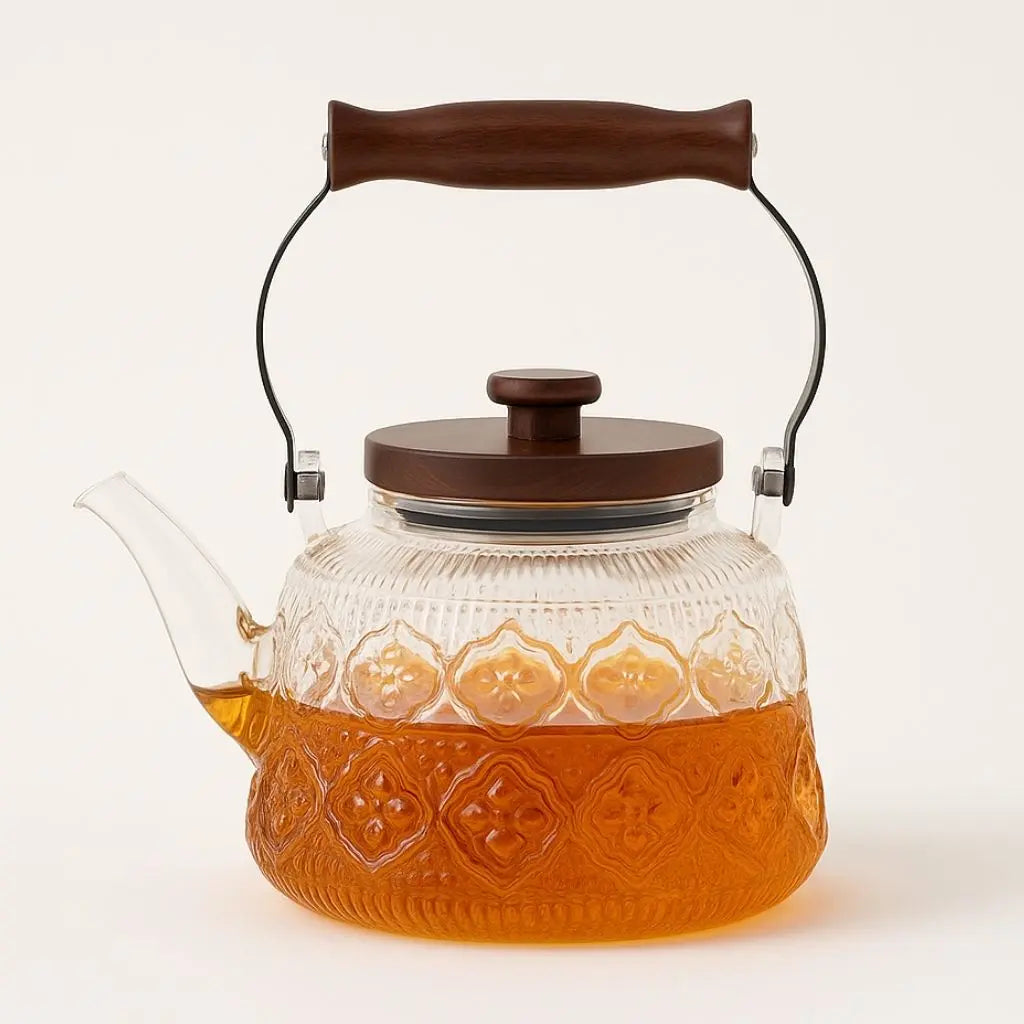 Glass Teapot with Infuser and Wooden Handle, Heat-Resistant 1000ml 2