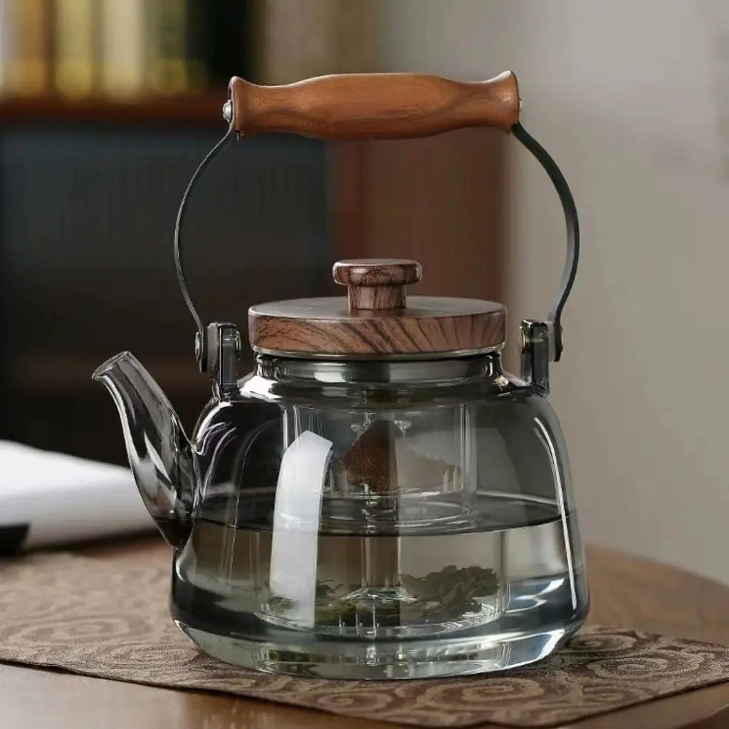Glass Teapot with Infuser and Wooden Handle, Heat-Resistant 1000ml 3