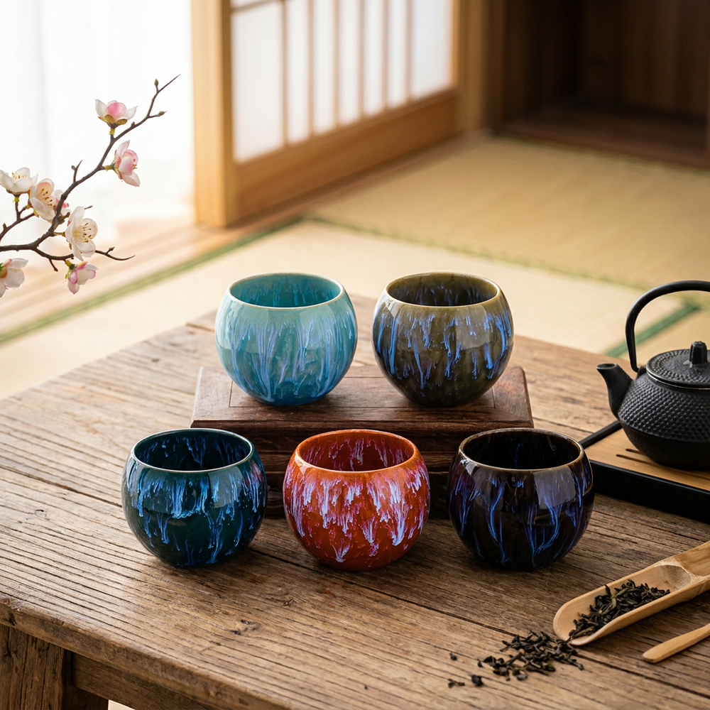 Five small ceramic tea cups in assorted earthy blue, teal, orange, and dark purple glazes arranged on a wooden table in a Japanese-style room, with a teapot and tea scoop nearby.