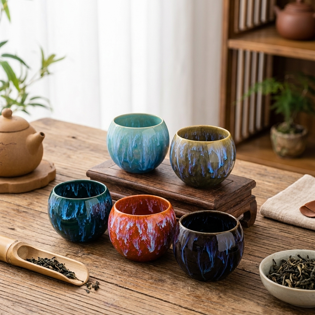Four small round ceramic tea cups in blue, teal, orange, and dark navy glazes arranged on a wooden table with a teapot, tea scoop, and bowl of loose leaves nearby.