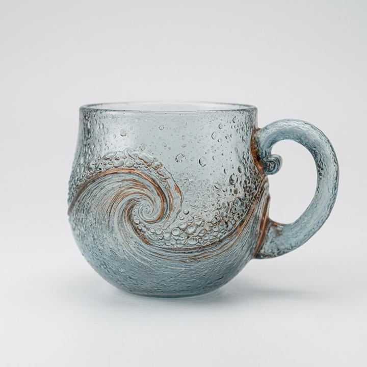 A textured glass mug with a swirling wave design in light blue and brown, featuring a matching handle and water droplets, set against a neutral gray background.