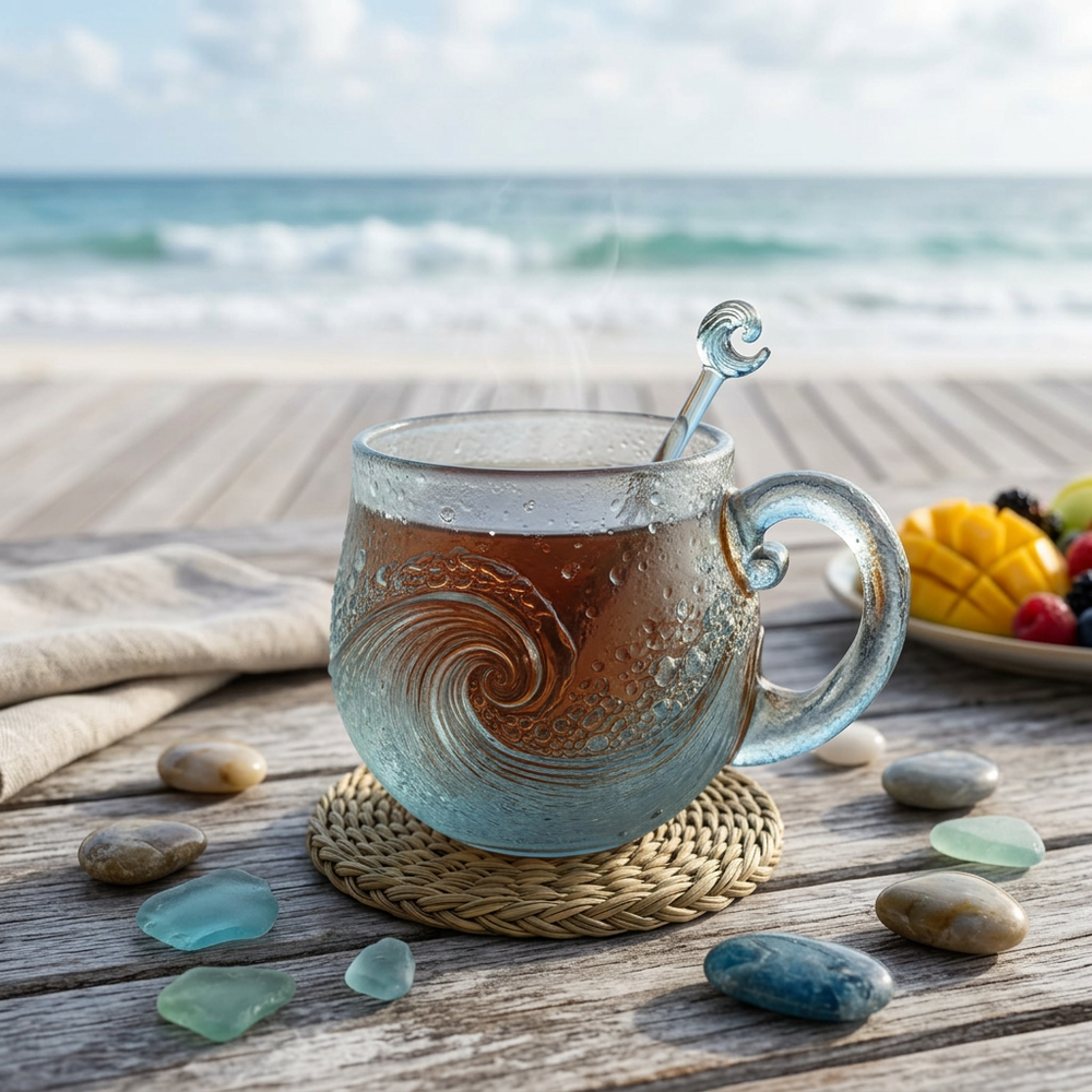 A clear glass mug with an embossed ocean wave design sits on a woven coaster on a wooden deck, with the ocean and beach blurred in the background. A metal spoon rests inside the mug, and small stones and a plate of fruit are nearby.