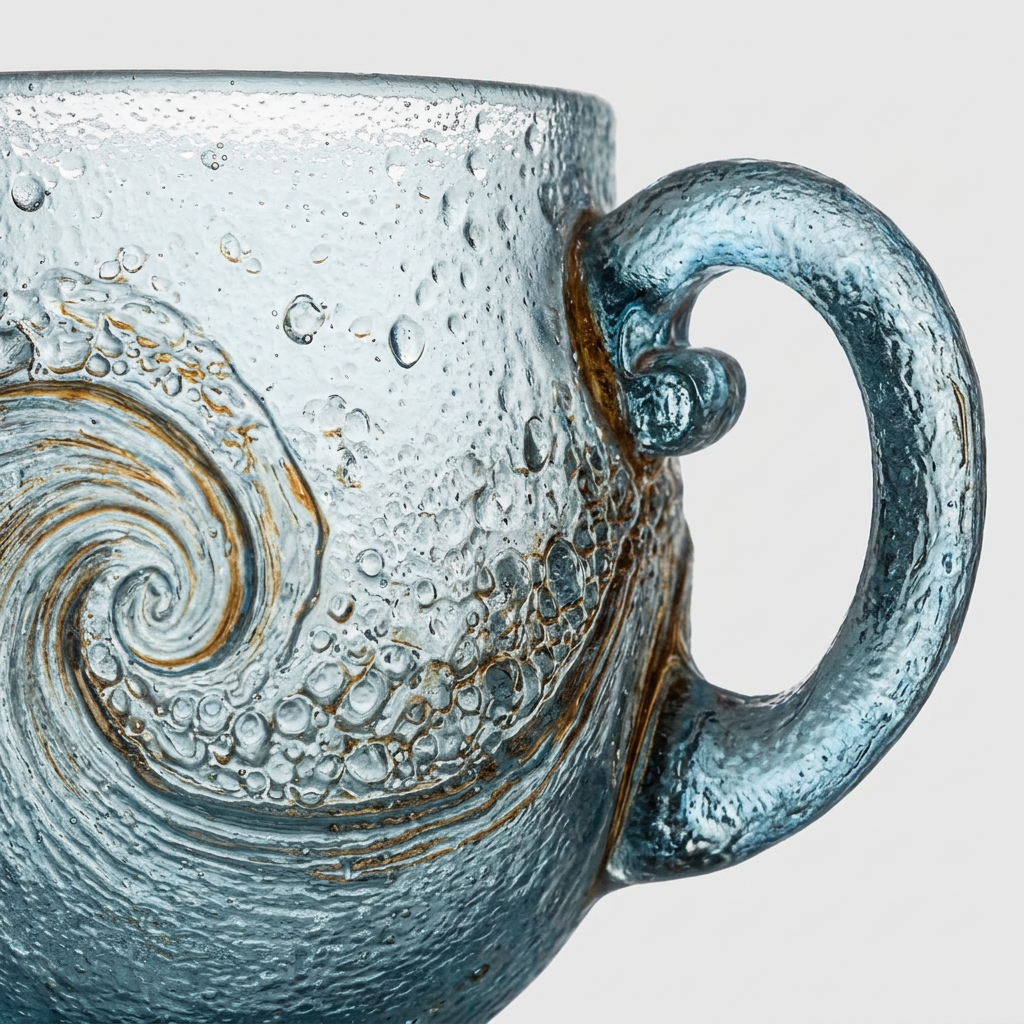 Close-up of a textured glass mug with a blue-gray body, embossed wave pattern, and a curved handle on a light gray background.