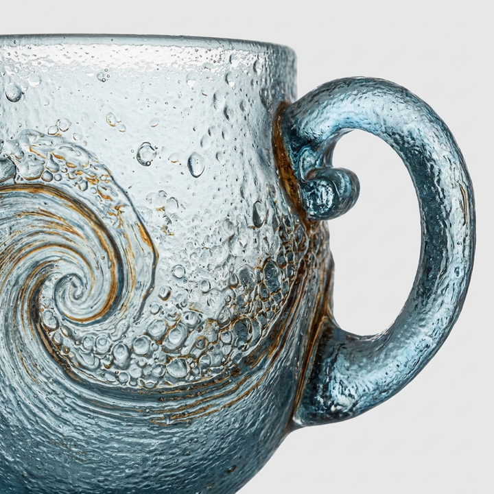 Close-up of a textured glass mug with a blue-gray body, embossed wave pattern, and a curved handle on a light gray background.