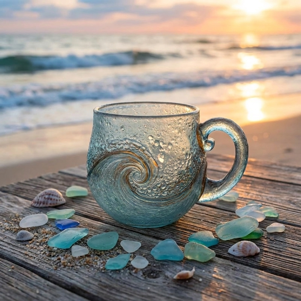 A textured light blue glass mug with a wave design sits on a wooden beach table scattered with sea glass and shells, with a blurred ocean sunset in the background.