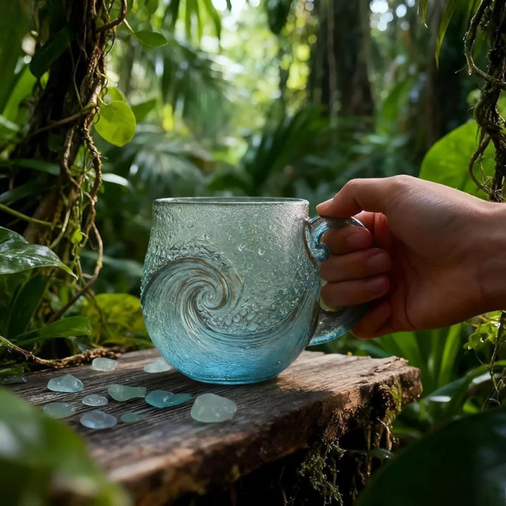 Hand holding a blue glass mug with a swirling pattern in a forest setting