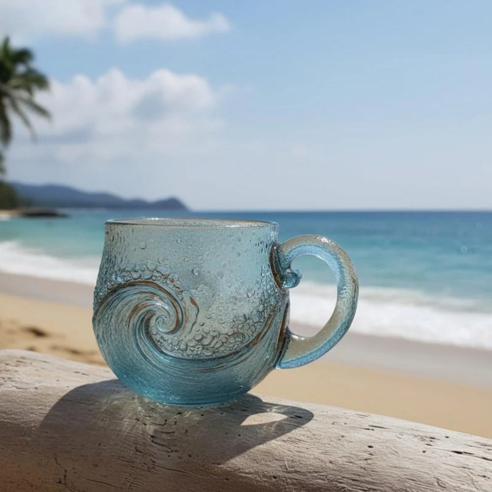 Blue glass mug with wave design on a beach