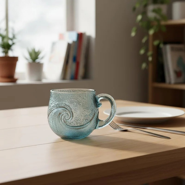 Teal glass mug with swirl design on a wooden table with a plate and fork in a home setting.