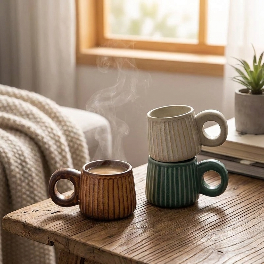 Three ceramic mugs with ribbed textures and loop handles sit on a rustic wooden table in a cozy room. One mug is filled with a hot beverage and steam is rising.