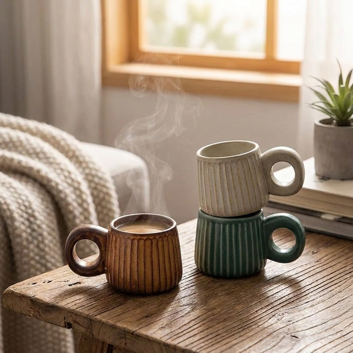 Three ceramic mugs with ribbed textures and loop handles sit on a rustic wooden table in a cozy room. One mug is filled with a hot beverage and steam is rising.