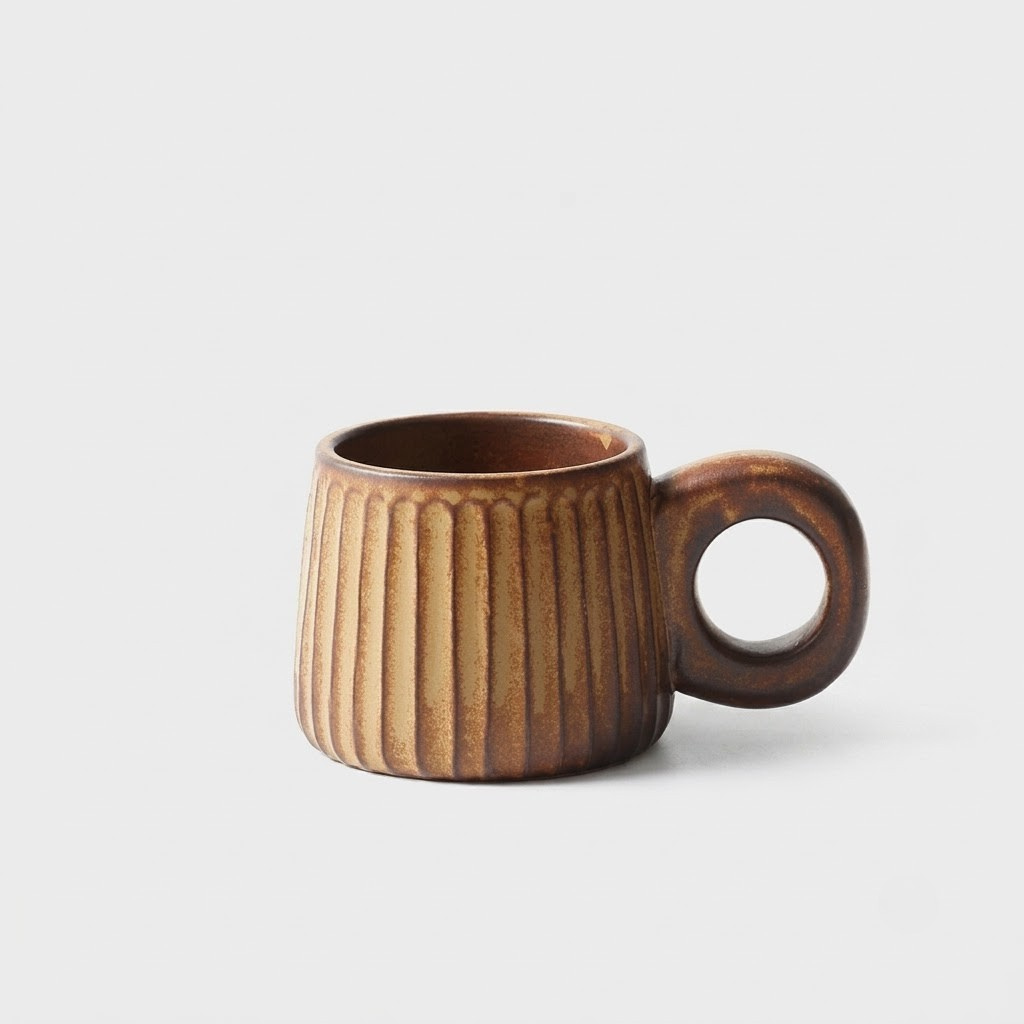 A small ceramic mug with a rounded body, vertical ribbed texture, and a loop handle, shown on a light gray background.