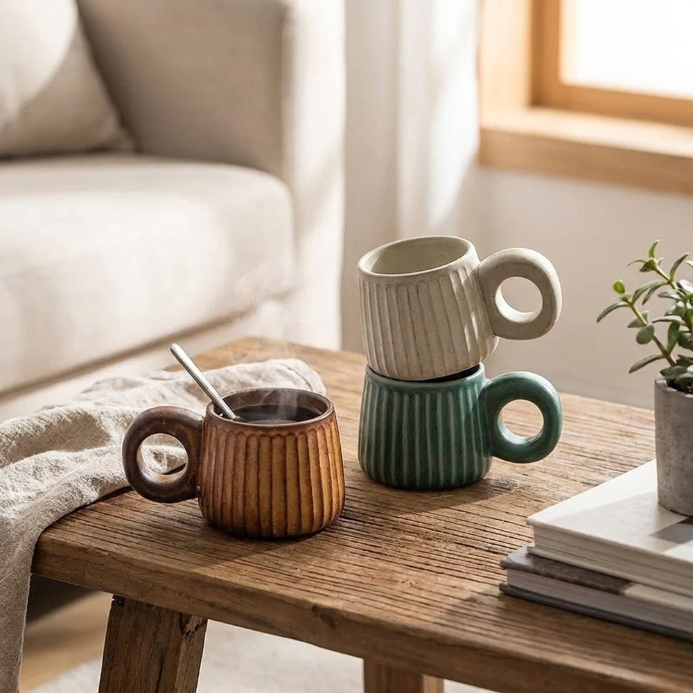 Three ceramic mugs with loop handles are arranged on a wooden table in a softly lit room. One mug is stacked on top of the other, and a third mug sits beside them with a spoon inside.