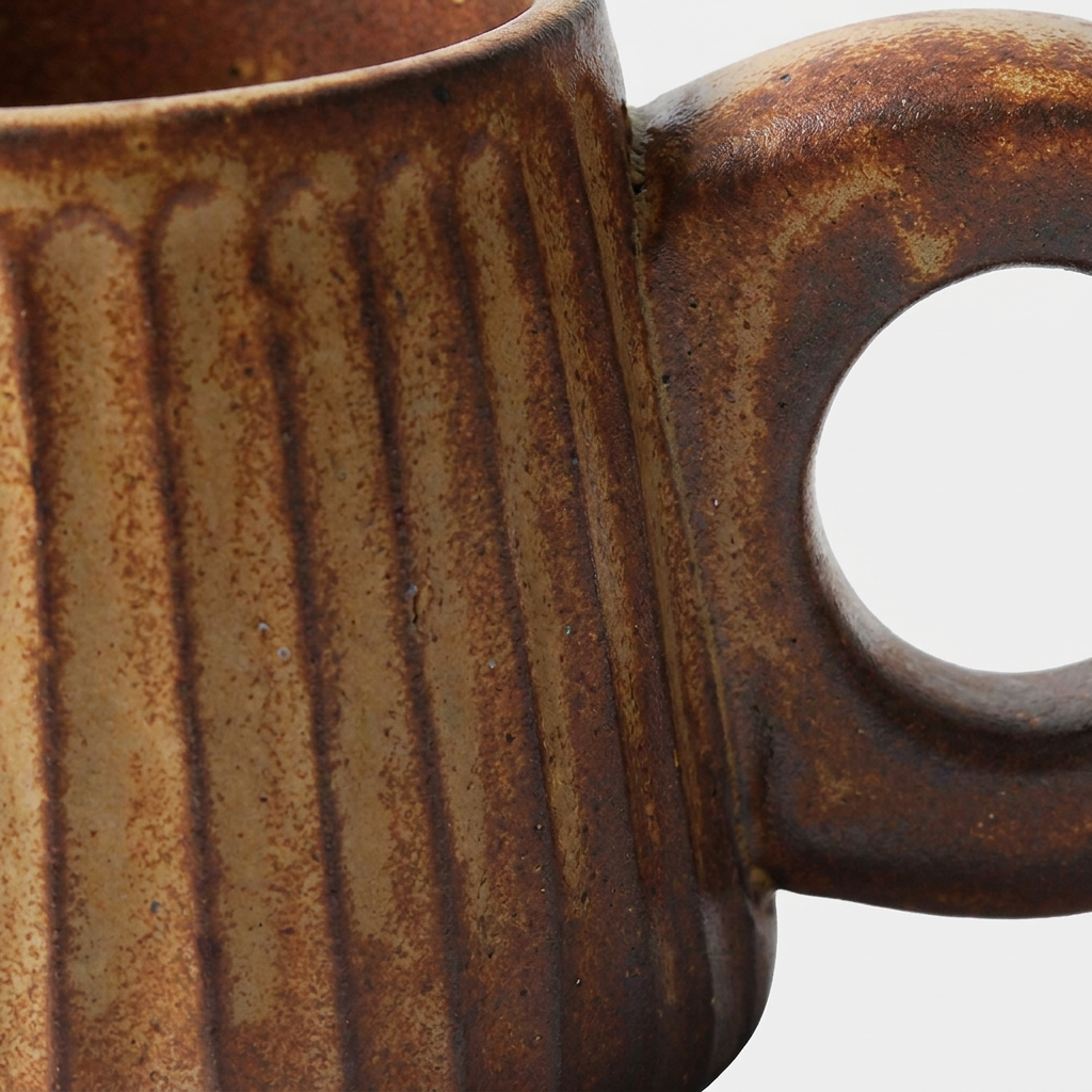 Close-up of a rustic ceramic mug with a textured brown and beige glaze, featuring vertical ribbing on the body and a loop handle.