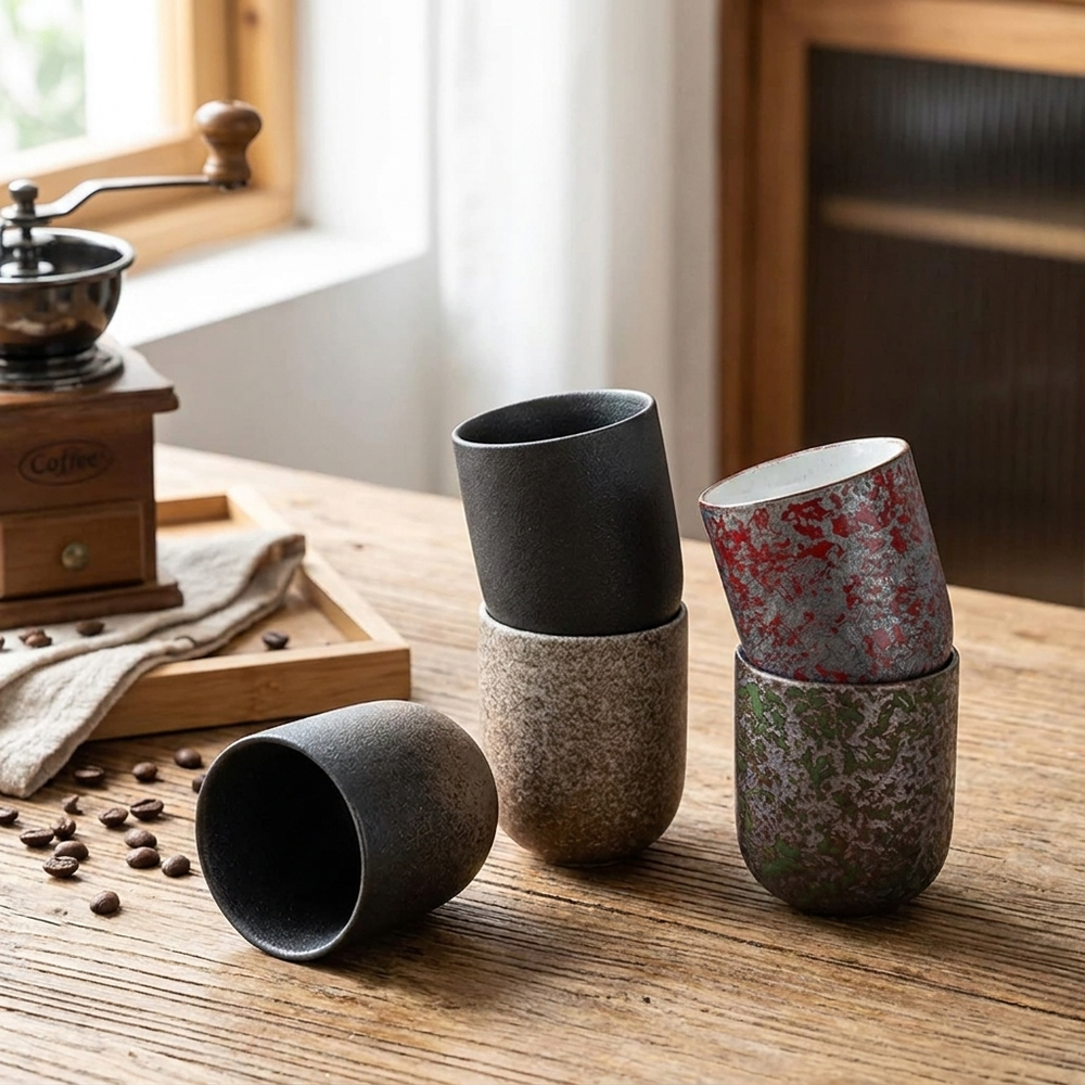 Three ceramic coffee cups in different textures and colors arranged on a wooden table next to coffee beans and a coffee grinder.