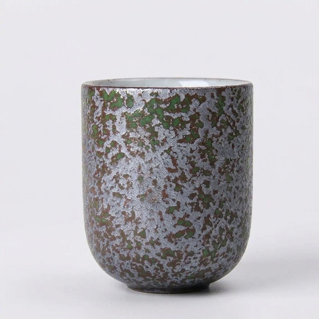 A ceramic cup with a textured, speckled glaze in metallic silver, olive green, and dark brown, set against a plain light gray background.