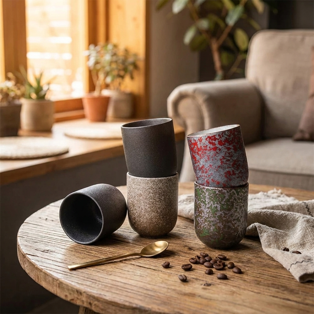 Three stacked ceramic cups in a rustic indoor setting on a wooden table, with one cup lying on its side. The cups have speckled and mottled finishes in dark gray, beige, red, and green.