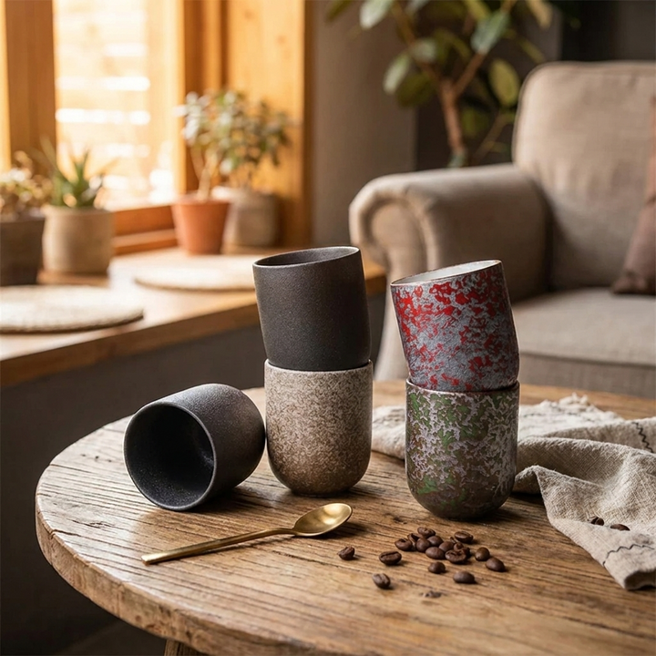 Three stacked ceramic cups in a rustic indoor setting on a wooden table, with one cup lying on its side. The cups have speckled and mottled finishes in dark gray, beige, red, and green.