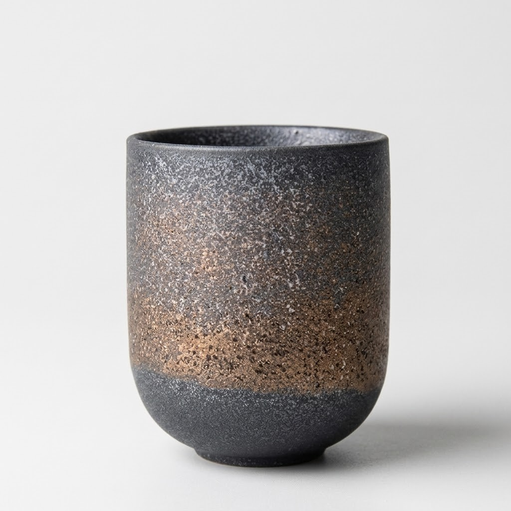 A ceramic cup with a textured, speckled finish, featuring a dark charcoal gray base and a warm metallic bronze band around the middle, set against a plain light gray background.