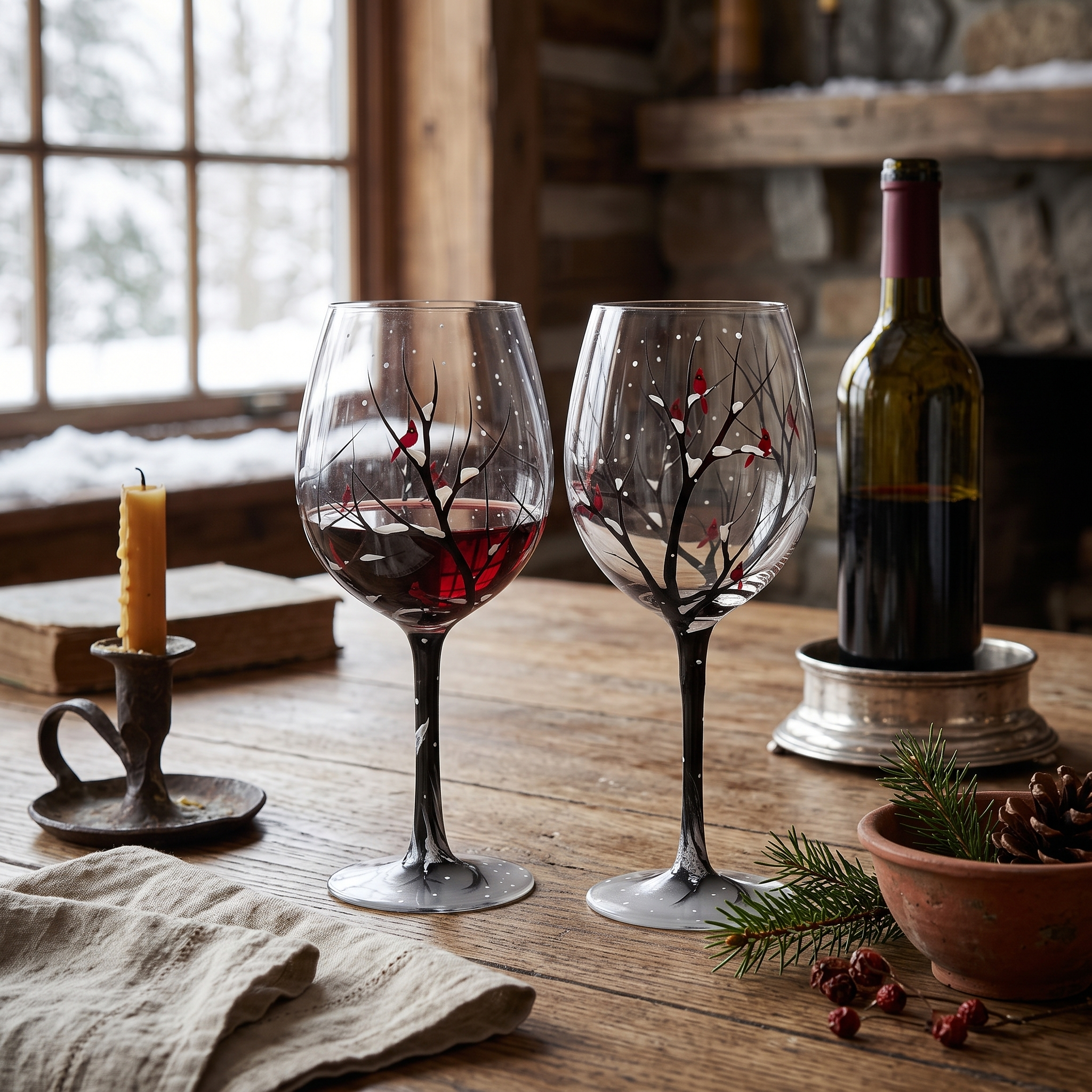 Hand Painted Four Seasons Tree Wine Glasses in Stemmed or Stemless 2
