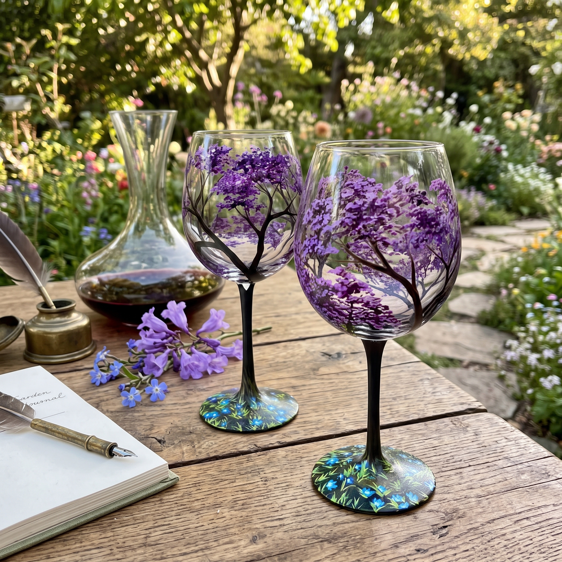 Hand Painted Four Seasons Tree Wine Glasses in Stemmed or Stemless 6