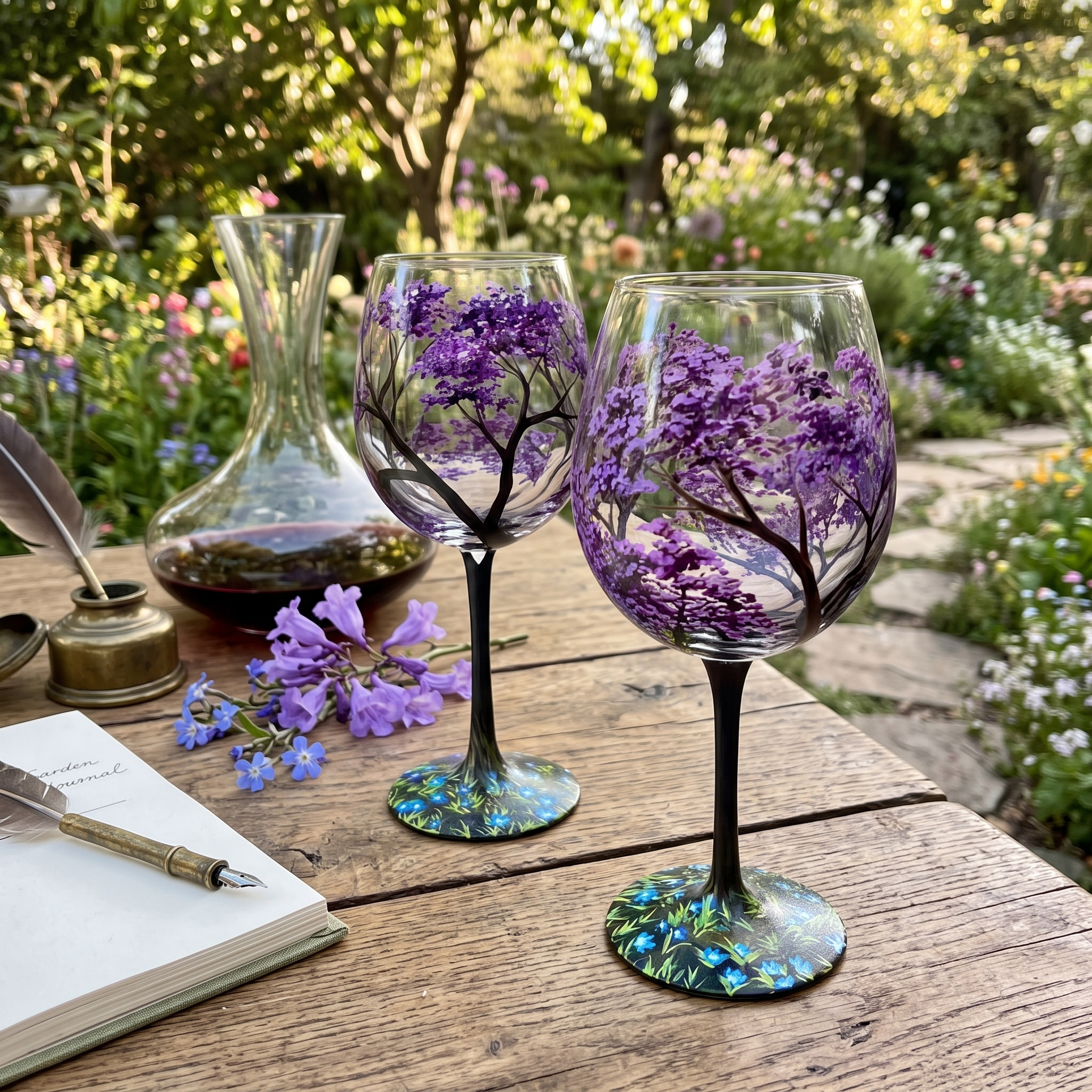 Hand Painted Four Seasons Tree Wine Glasses in Stemmed or Stemless 6