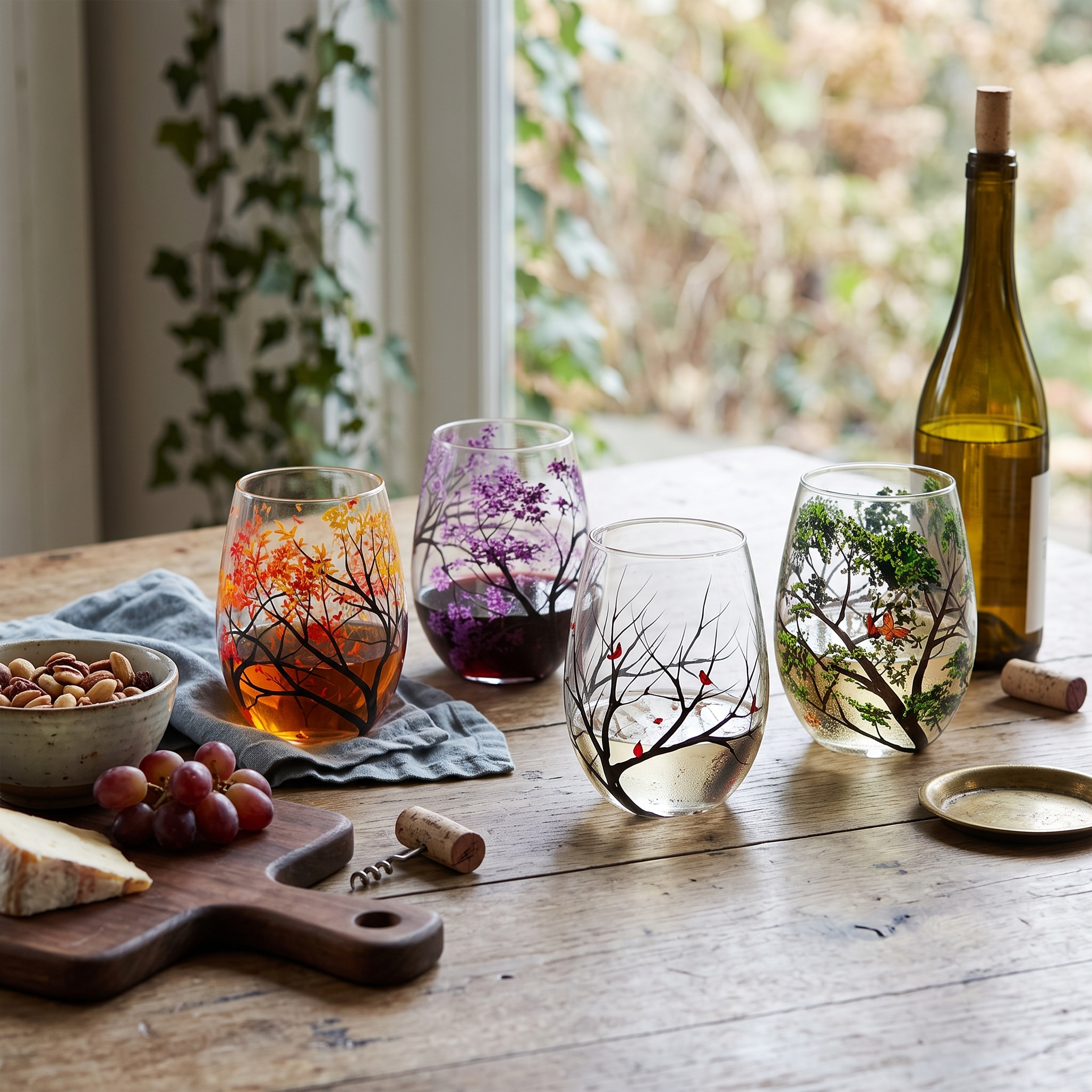 Hand Painted Four Seasons Tree Wine Glasses in Stemmed or Stemless 9