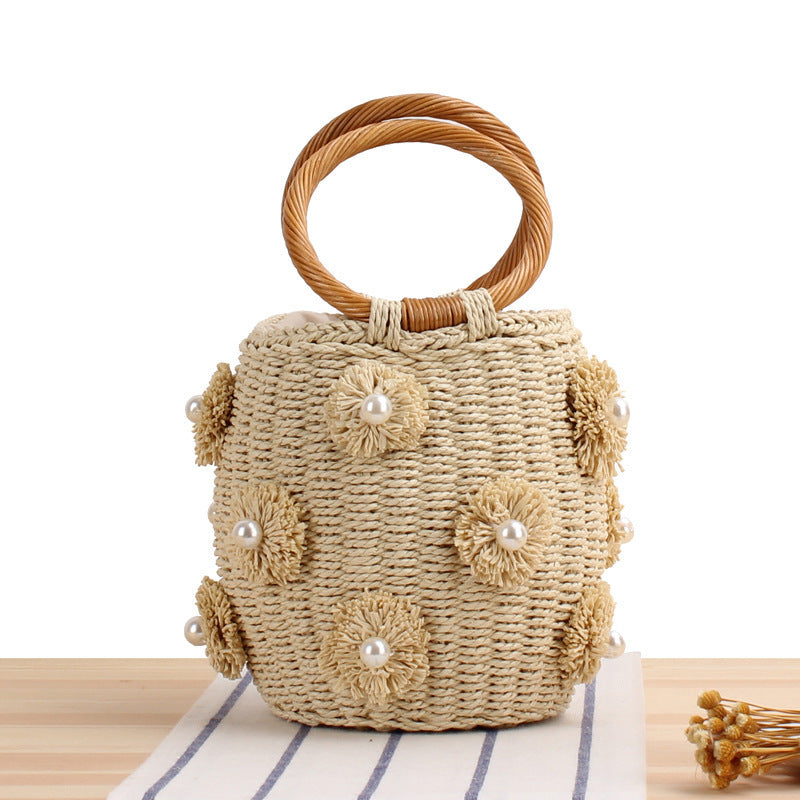 Handcrafted Raffia Basket Bag, Bead Appliqués and Floral Accents 0