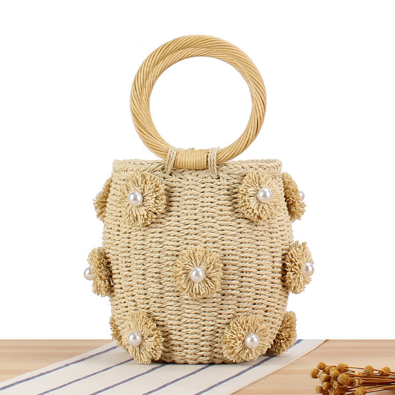 Handcrafted Raffia Basket Bag, Bead Appliqués and Floral Accents 1