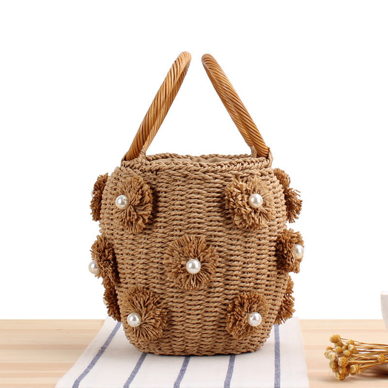 Handcrafted Raffia Basket Bag, Bead Appliqués and Floral Accents 2