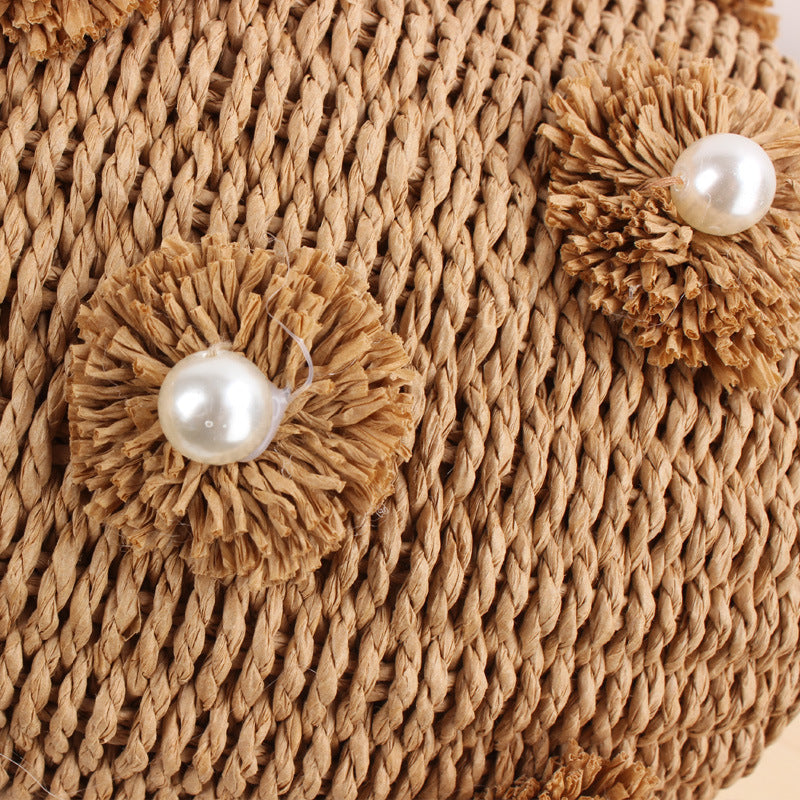 Handcrafted Raffia Basket Bag, Bead Appliqués and Floral Accents 3