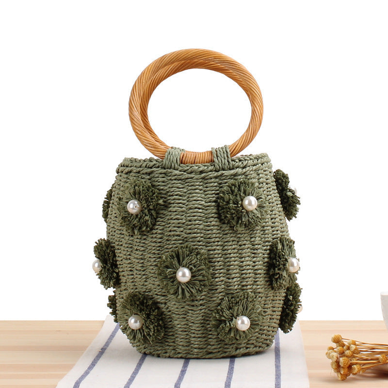 Handcrafted Raffia Basket Bag, Bead Appliqués and Floral Accents 5