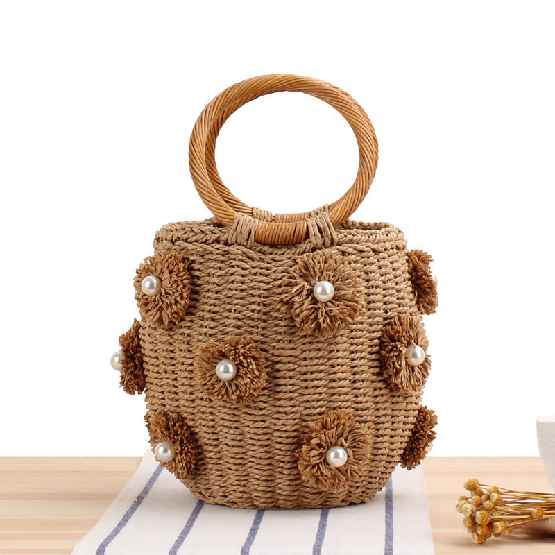 Handcrafted Raffia Basket Bag, Bead Appliqués and Floral Accents 6