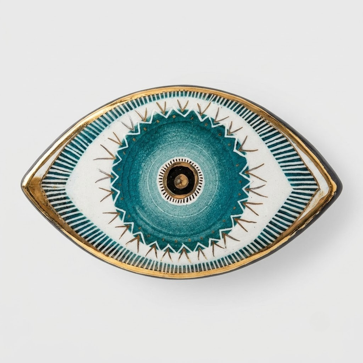 An oval-shaped ceramic tray or dish featuring an intricate eye design in teal, white, and gold, set against a plain light gray background.