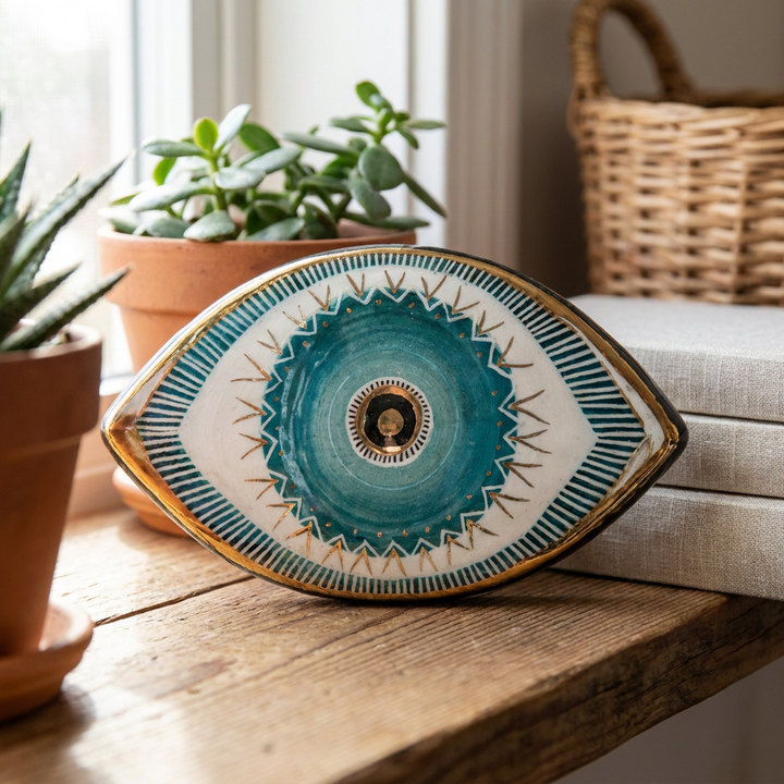 A decorative ceramic eye-shaped candle holder with a teal and white hand-painted pattern and gold accents, styled on a wooden table with potted plants and books in the background.