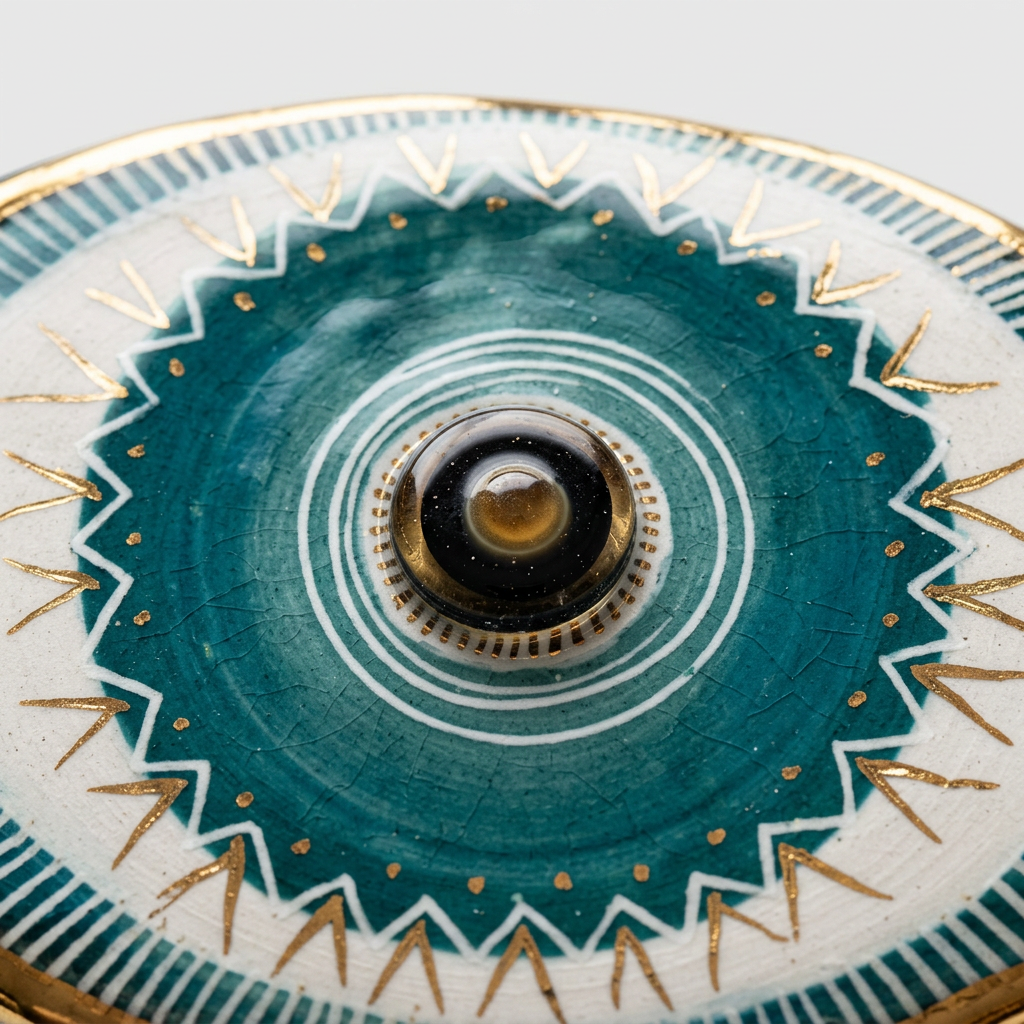 A close-up of a decorative circular object featuring a central brown eye motif surrounded by concentric teal, white, and gold geometric patterns.