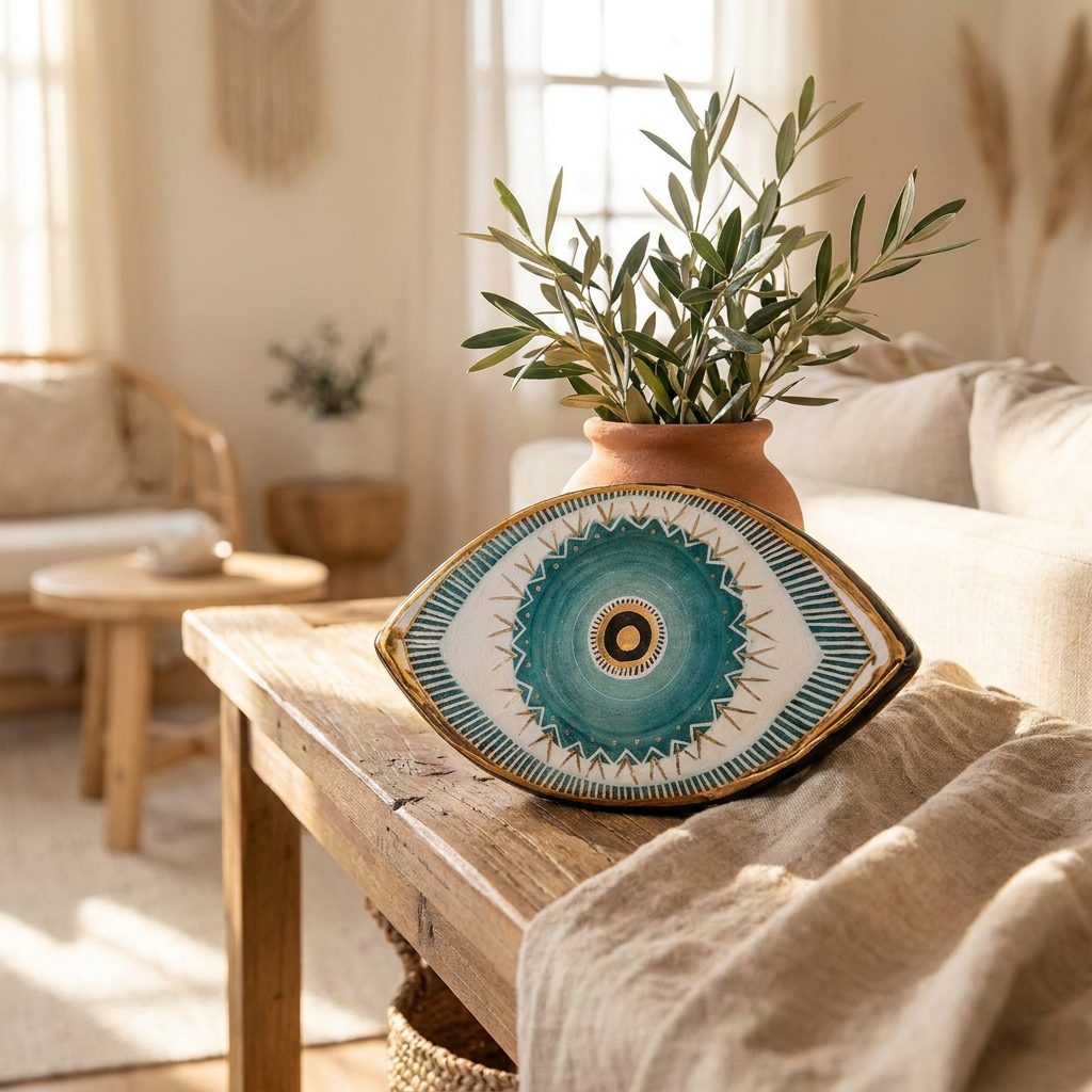 A decorative teardrop-shaped ceramic wall or tabletop ornament with a turquoise, white, and gold geometric eye-like pattern, styled on a wooden table in a warm, sunlit living room next to a terracotta pot with green leaves.